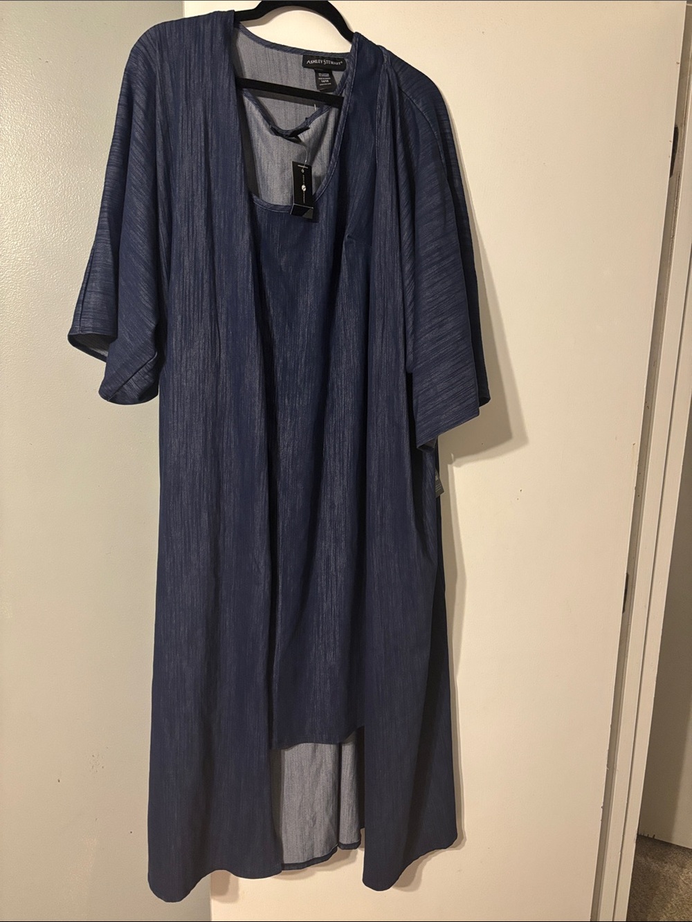 Ashley Stewart Chambray Open-Front Long Jacket and Sleeveless Dress Set